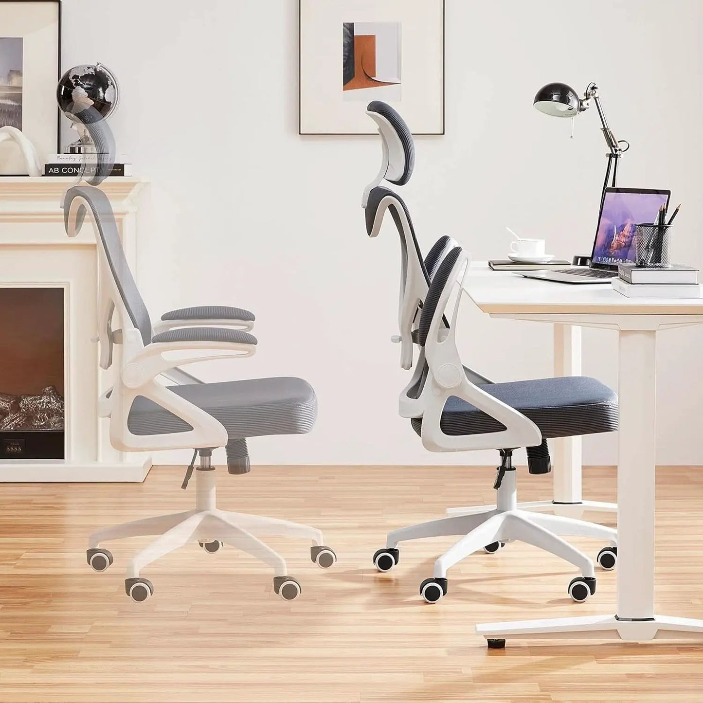 Ergonomic Mesh Office Chair White Gray With Flip Up Armrests from PriceLows™