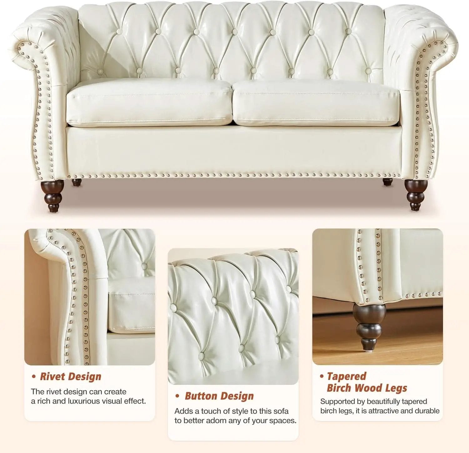 2 Piece Chesterfield Faux Leather Living Room Set Loveseat And Chair With Scroll Arms And Nailhead White from PriceLows™