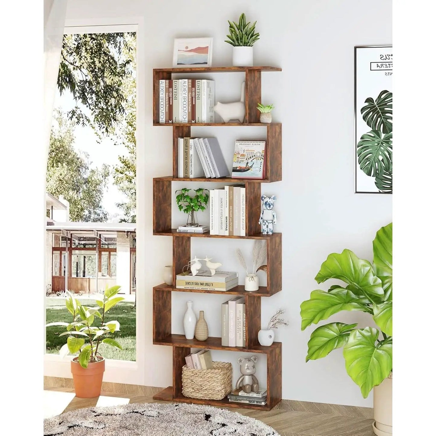 Geometric Bookcase 6 Tier S Shaped Rustic Brown Wood Shelf from PriceLows™