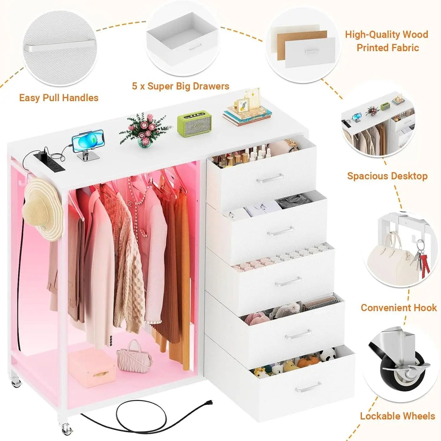 White Dresser With Rack And Charging Station Five Drawers from PriceLows™