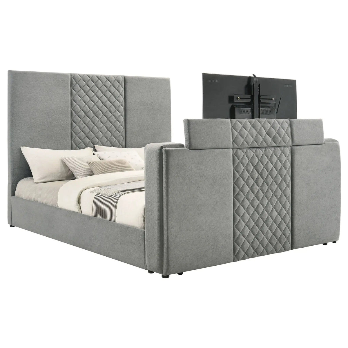 Tara 61-inch Upholstered Eastern King Panel TV Bed | 79.25 x 95.25 x 60.75 in | Velvet & Wood | Grey