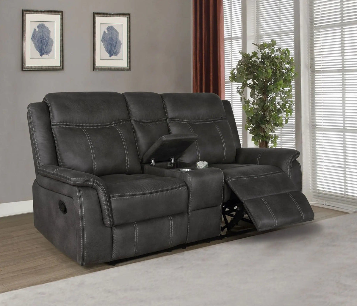 Lawrence Upholstered Padded Arm Reclining Loveseat | 74 x 37.5 x 39 in | Stainless Steel | Charcoal