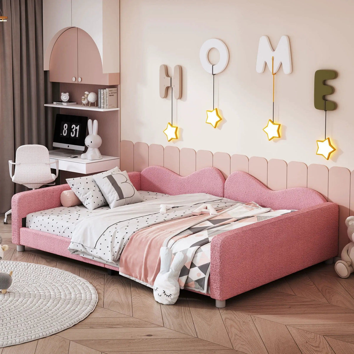 Upholstered Daybed, Sherpa Fabric Sofabed With Cloud-Shaped Backrest | 2 Pieces | Fabric | Bedroom