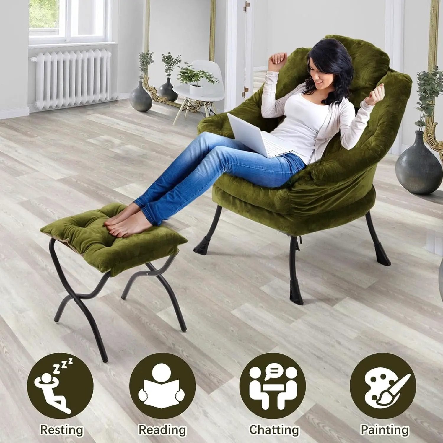 Plush Green Folding Ottoman Lounge Chair With Footrest from PriceLows™