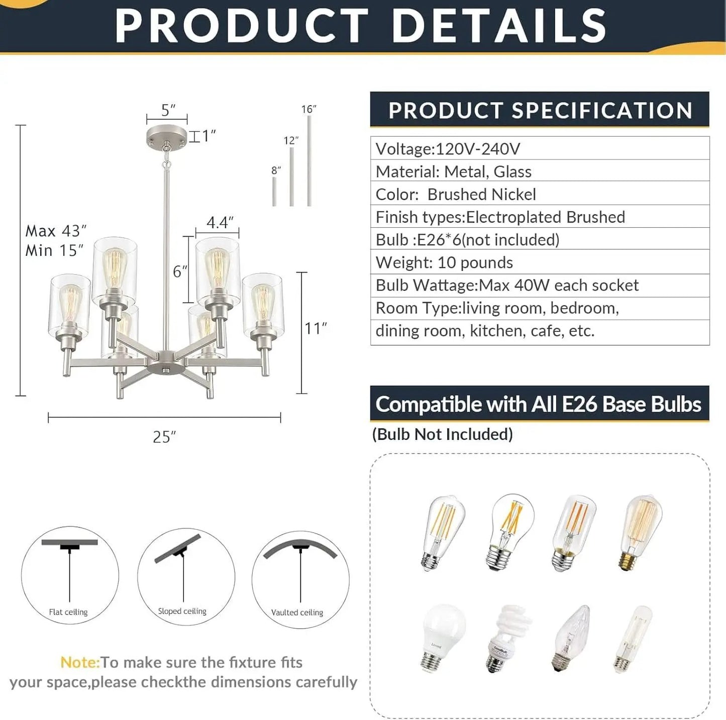 Brushed Nickel Six Light Chandelier With Clear Glass Shades from PriceLows™
