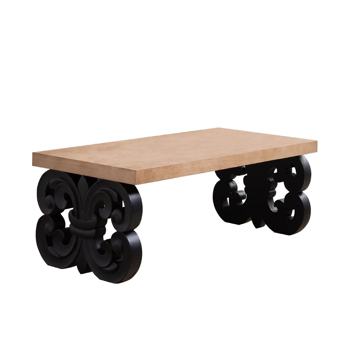 Farmhouse Coffee Table | Ornate Scroll Base | Natural Wood Top | Intricately Carved