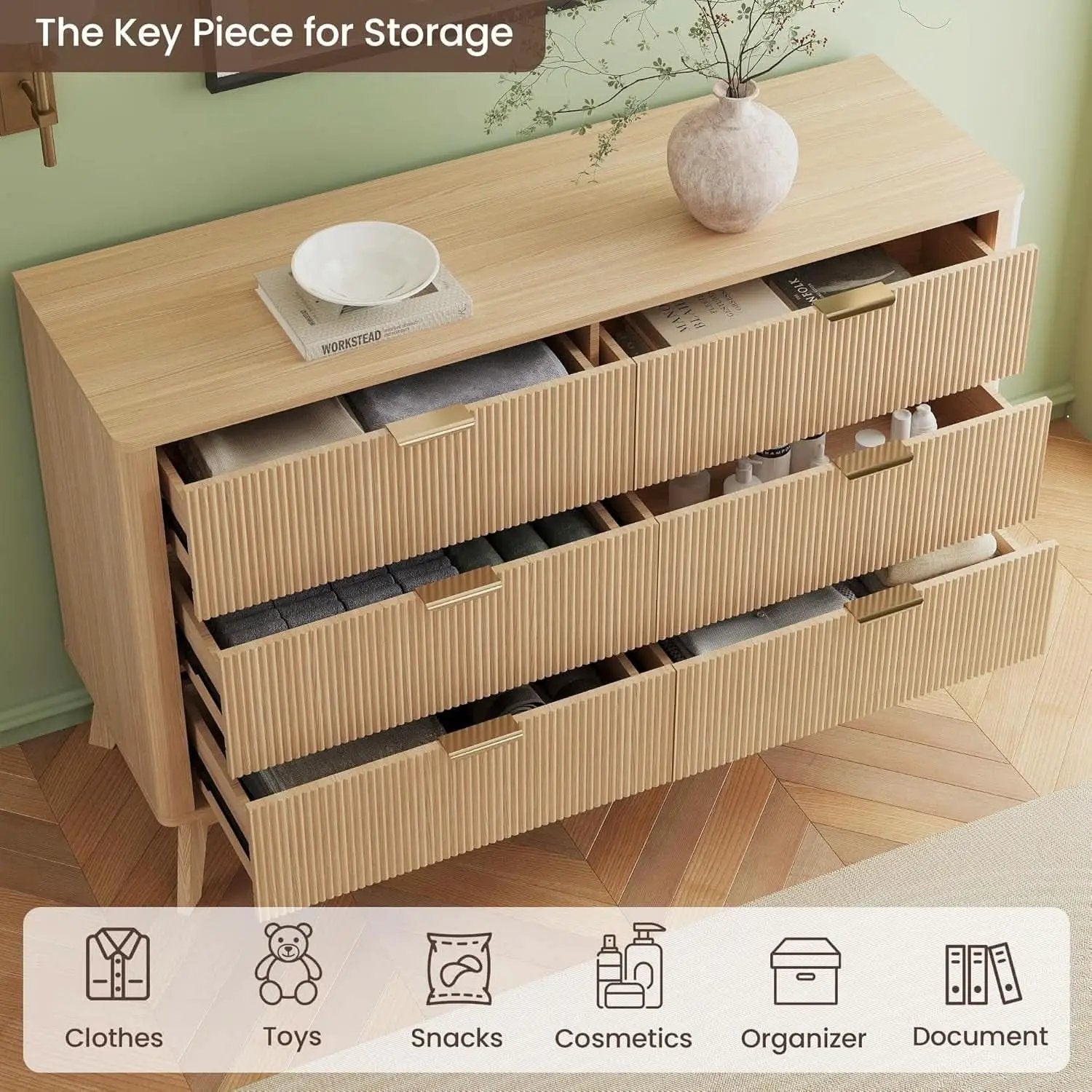 Fluted 49Inch Serpentine Dresser Oak Finish Contemporary from PriceLows™