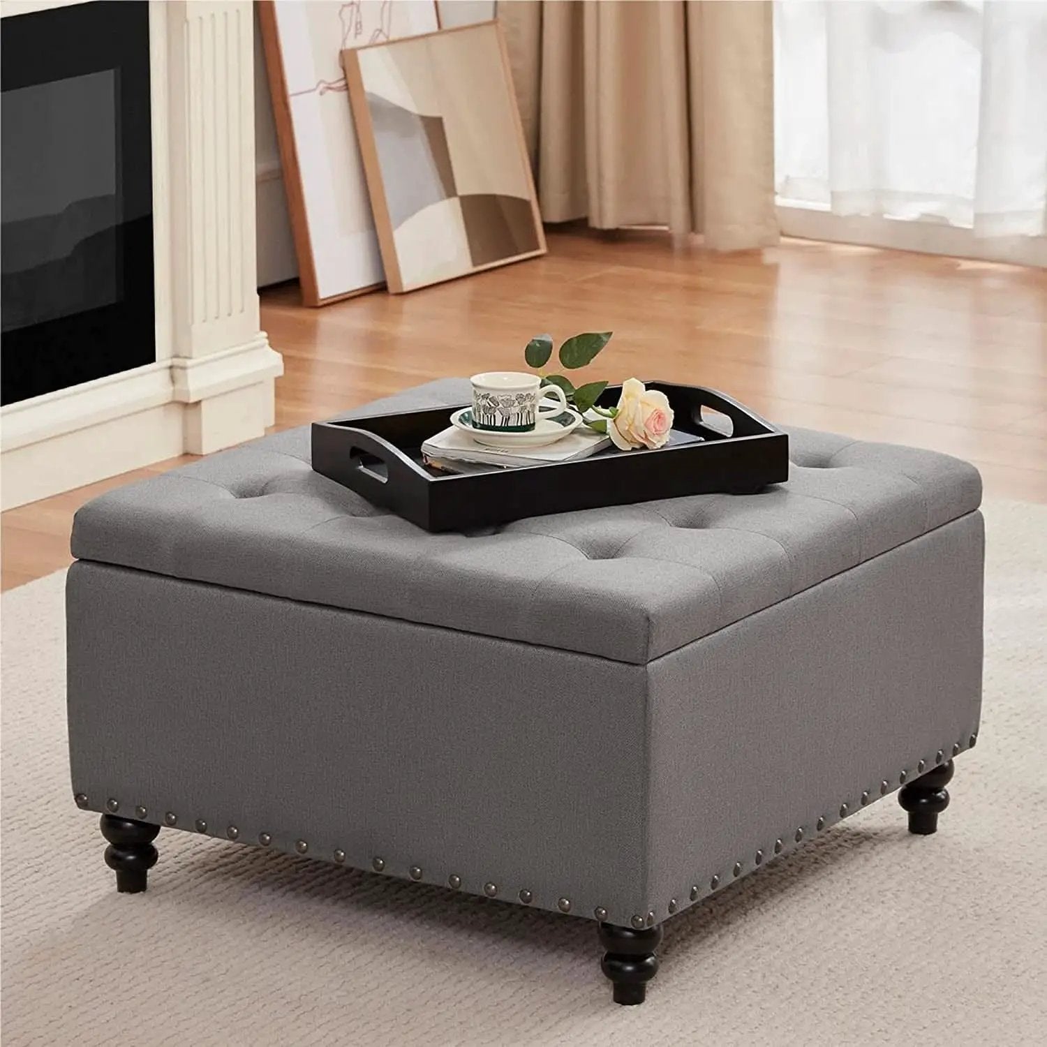 Grey Tufted Storage Ottoman With Tray Square Coffee Table from PriceLows™