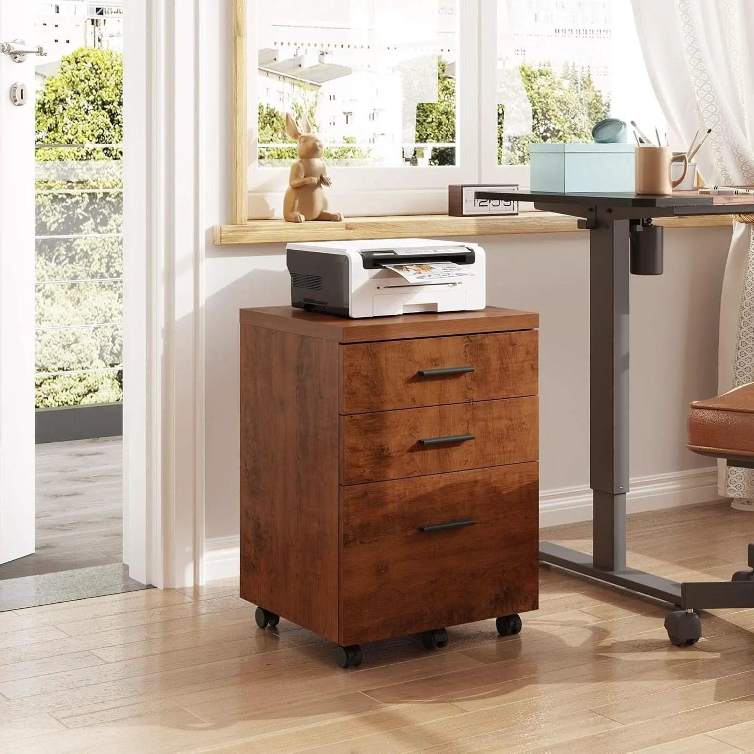 Walnut 3 Drawer File Cabinet For Home Office Under Desk With Rolling Wheels Printer Stand from PriceLows™