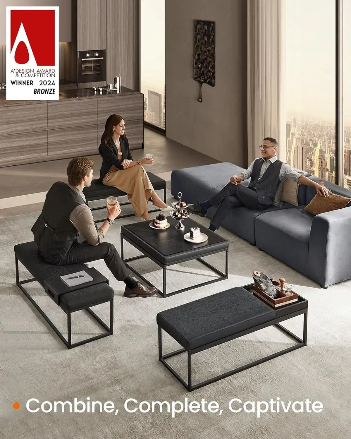 Ink Black Modular Ottoman Coffee Table Reversible Top from PriceLows™