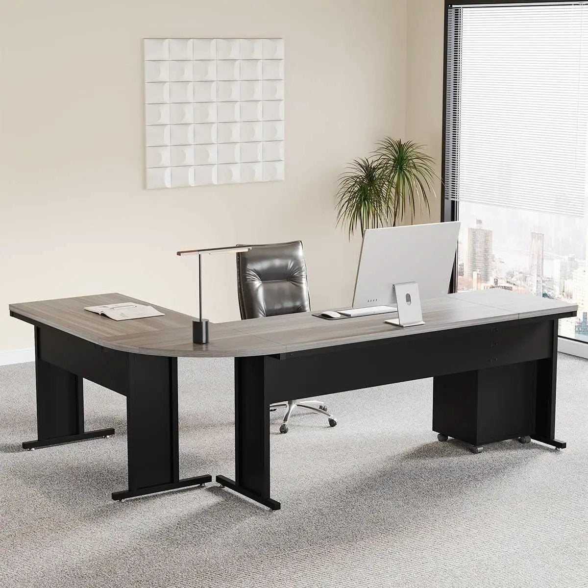 83 Inch L Shaped Desk With Gray Three Drawer File Cabinet from PriceLows™