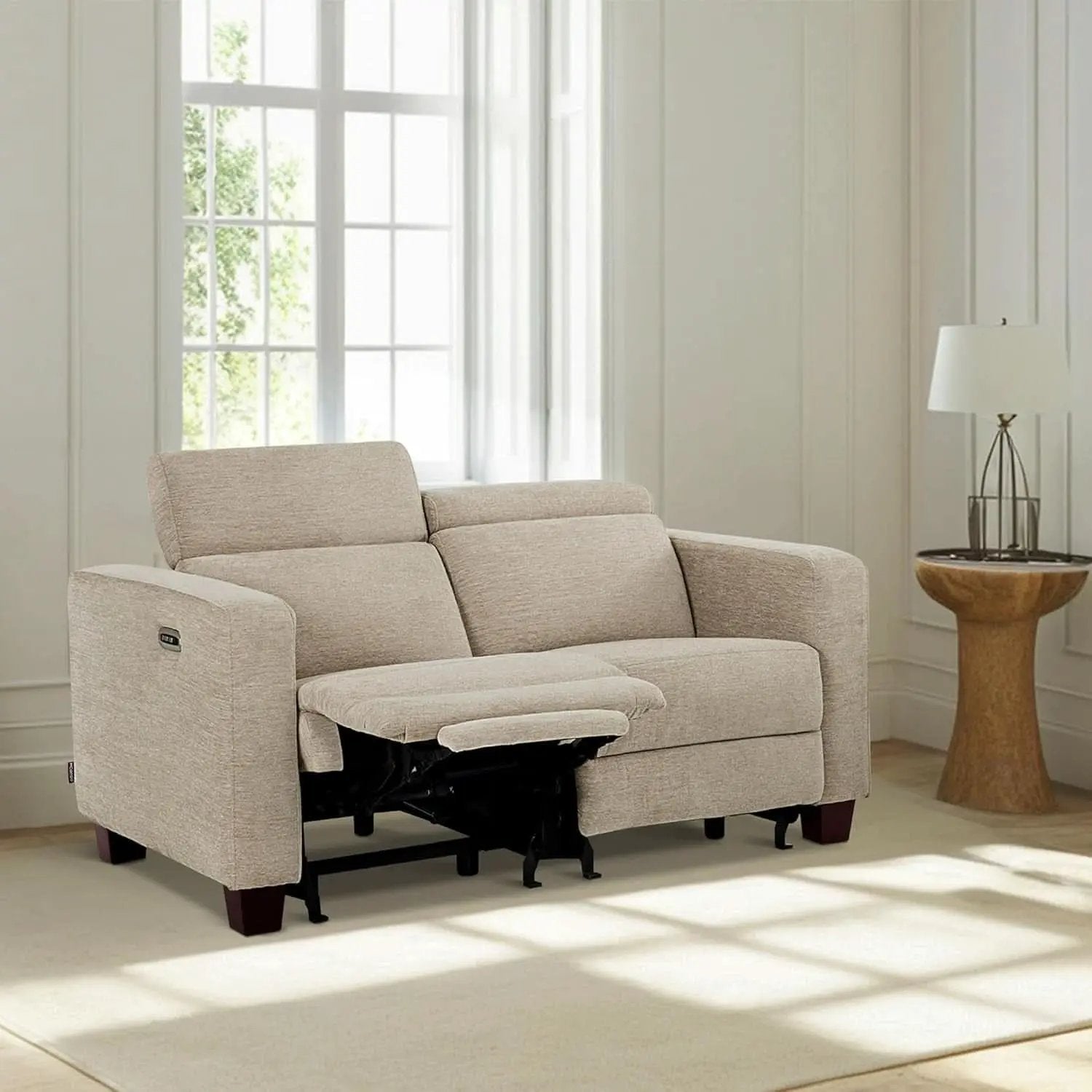 Beige Fabric Wall Hugger Power Loveseat Recliner USB from PriceLows™