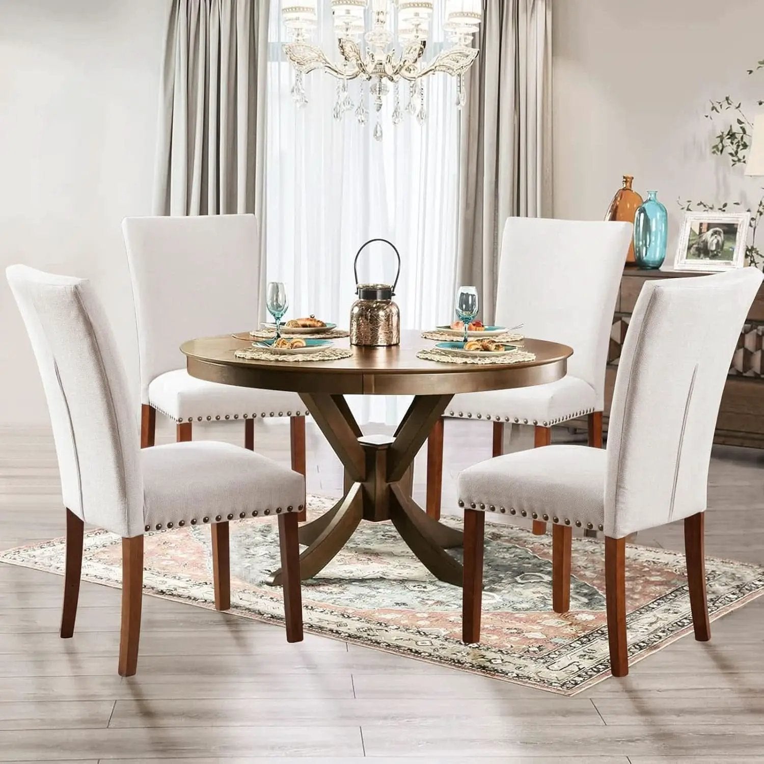 Parsons Dining Chairs Beige Upholstered Nailhead Set of 4 from PriceLows™