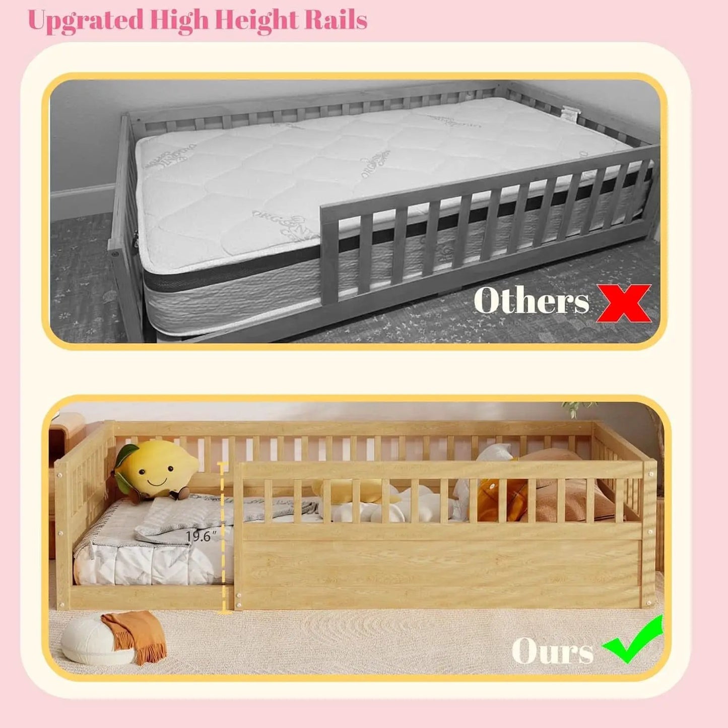 Twin Montessori Floor Bed With High Safety Rails Natural from PriceLows™