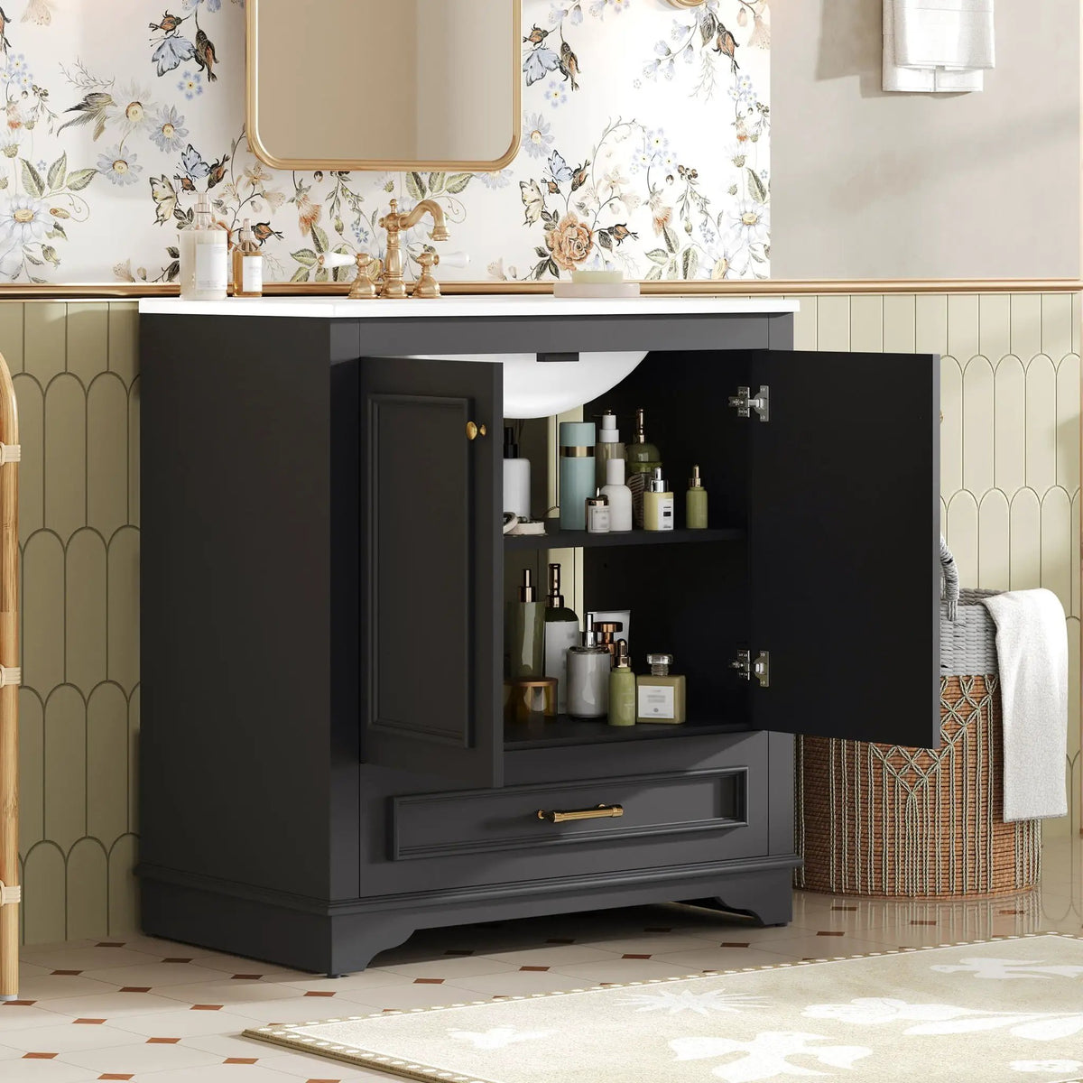 30 Inch Bathroom Vanity | Poplar Wood Frame | 2 Soft Closing Doors | Adjustable Shelf