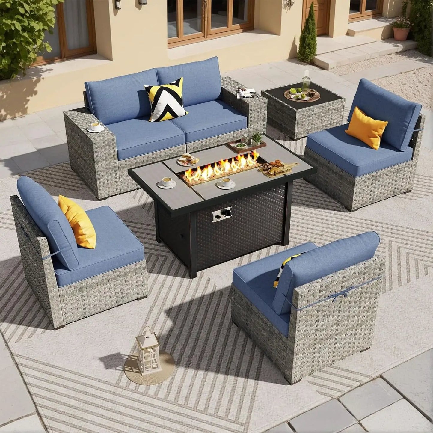 Modular Outdoor Wicker Sofa Set with Fire Pit Table from PriceLows™