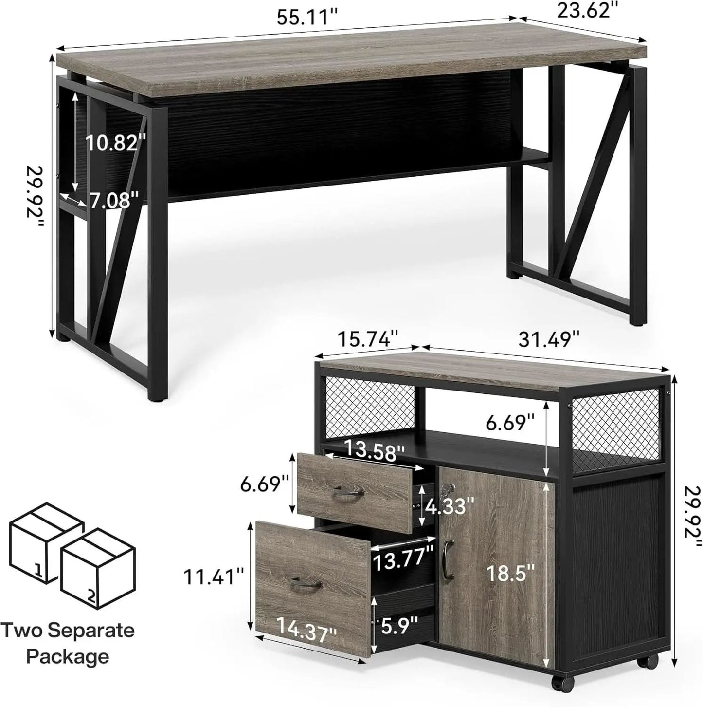55 Inch L Shaped Office Desk With Grey Filing Cabinet Set from PriceLows™