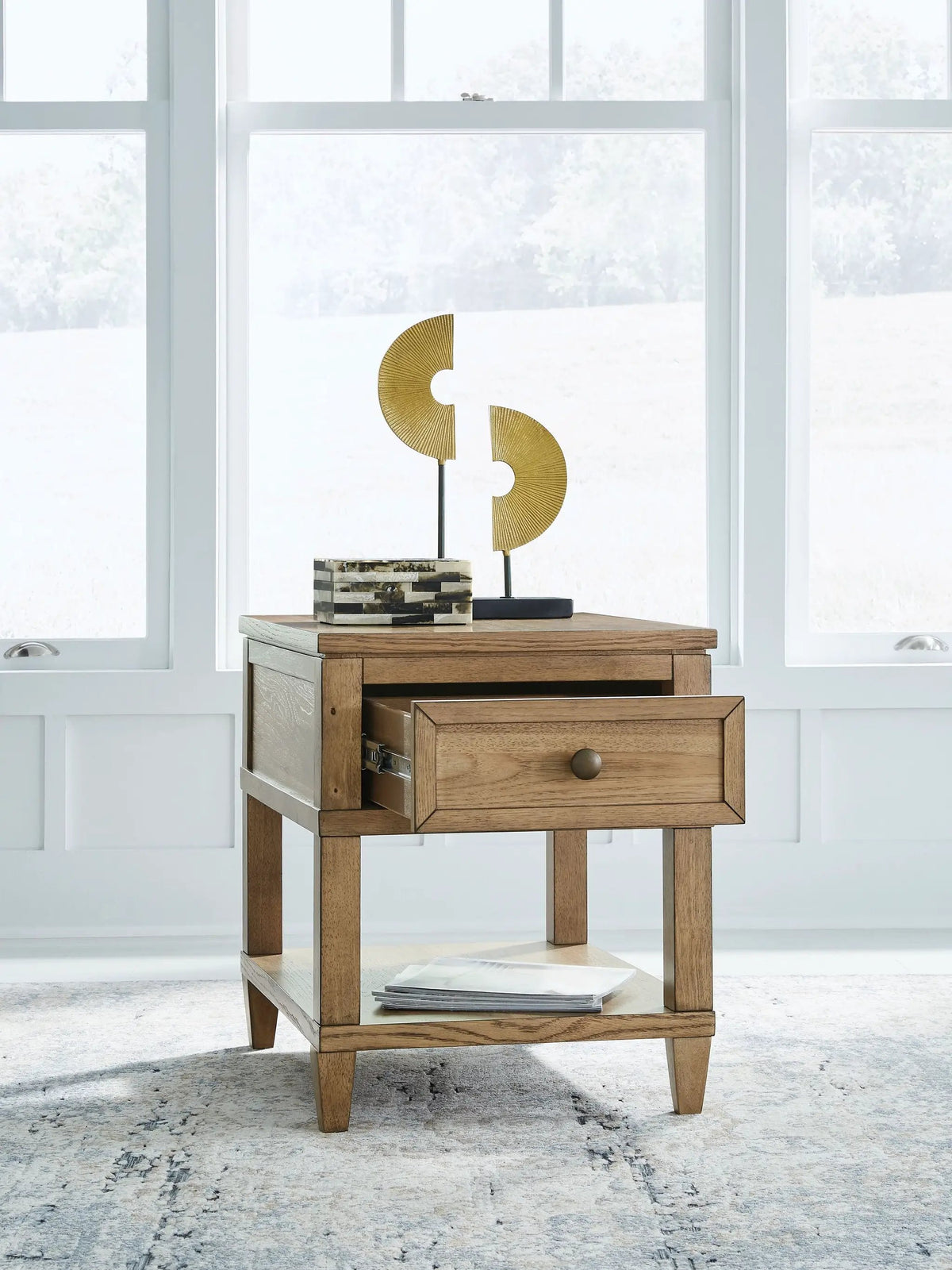 Sharlance Rectangular End Table | Light Brown | 98 Inch Cord Length | Drawer And Bottom Opening