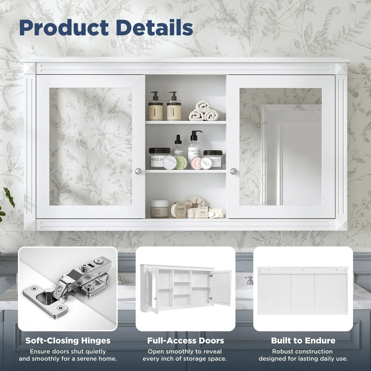 2-In-1 Wall Mirror Cabinet | 55 Inch Width | Soft-Closing Hinges | Dual High-Definition Mirrors