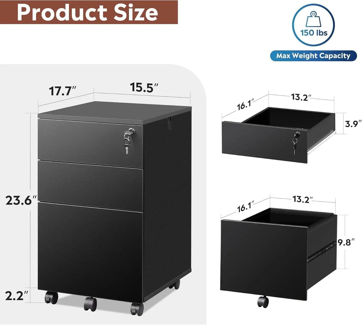 3 Drawer Lockable File Cabinet Under Desk Rolling Black Fits Letter Legal A4 Folders from PriceLows™