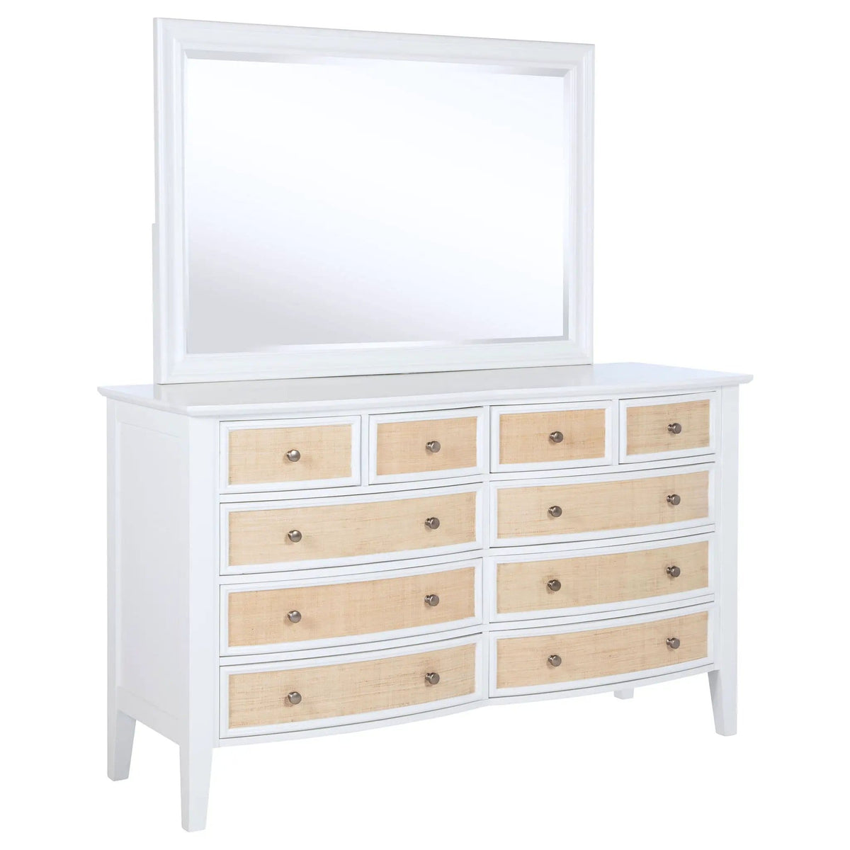 Bexhill 10-drawer Dresser and Mirror | 65 x 21.75 x 75.25 in | Rattan | White