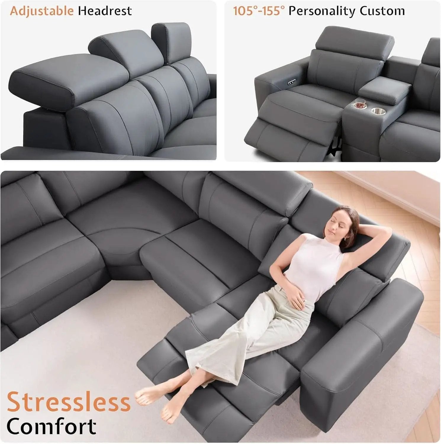 Grey Leather Power Recliner Sofa With Center Console from PriceLows™