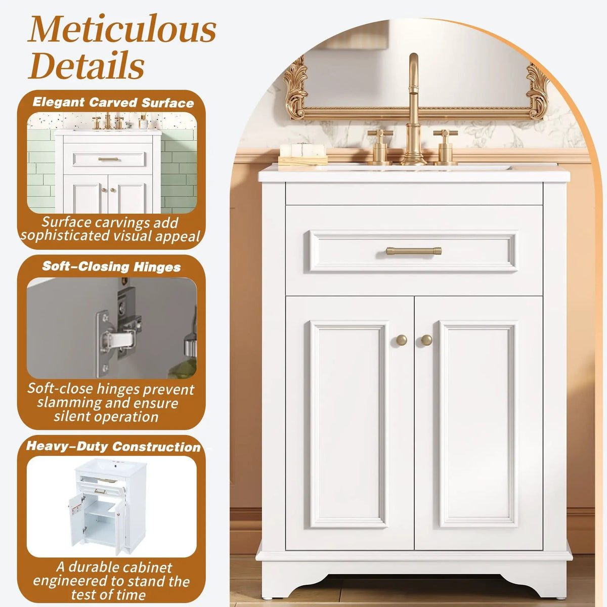 Bathroom Vanity With Integrated Sink, 2 Door Cabinet With Tip Out Drawer | 3 Pieces | Solid Wood & Iron | Bathroom