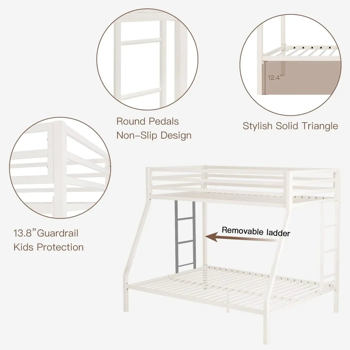 Metal Loft Bunk Bed Twin Over Full Size With Guardrail And Ladder Cream White from PriceLows™