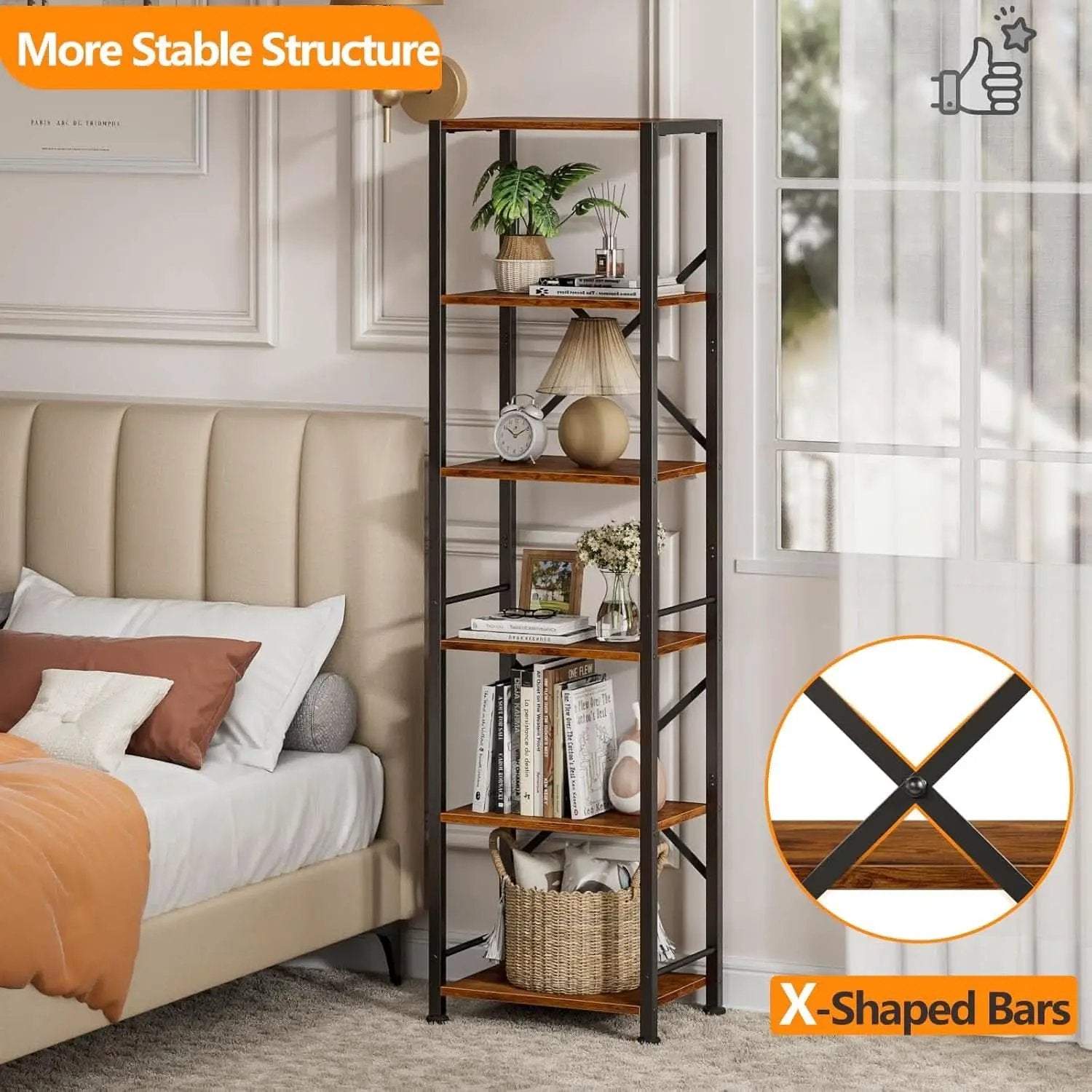 Tall Industrial Bookcase 6 Tier Rustic Brown Storage from PriceLows™