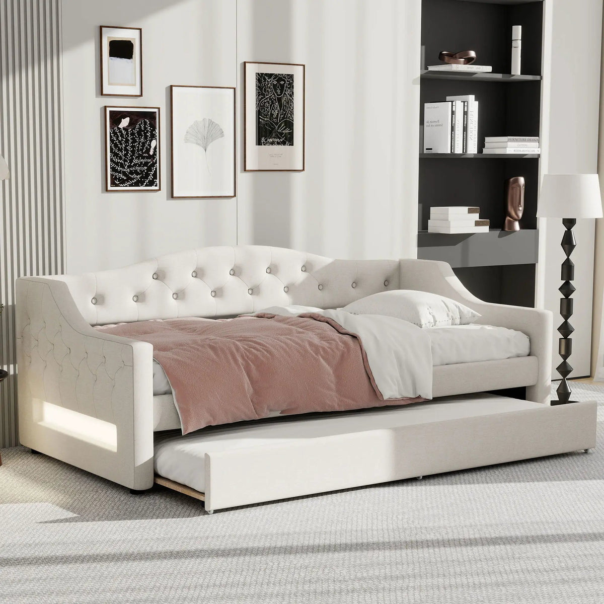 Daybed With LED Lights | Upholstered Trundle Daybed | Thickly Padded Sponge | 84 Inch Length
