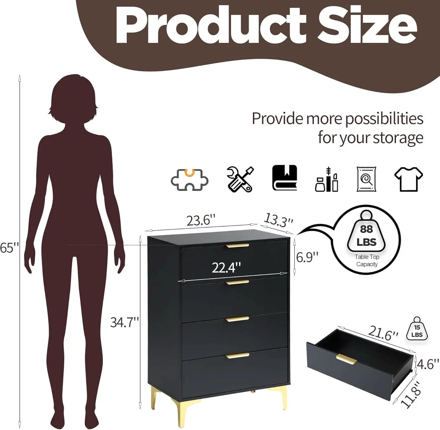 4 Drawer Black Wood Dresser For Bedroom Living Room from PriceLows™