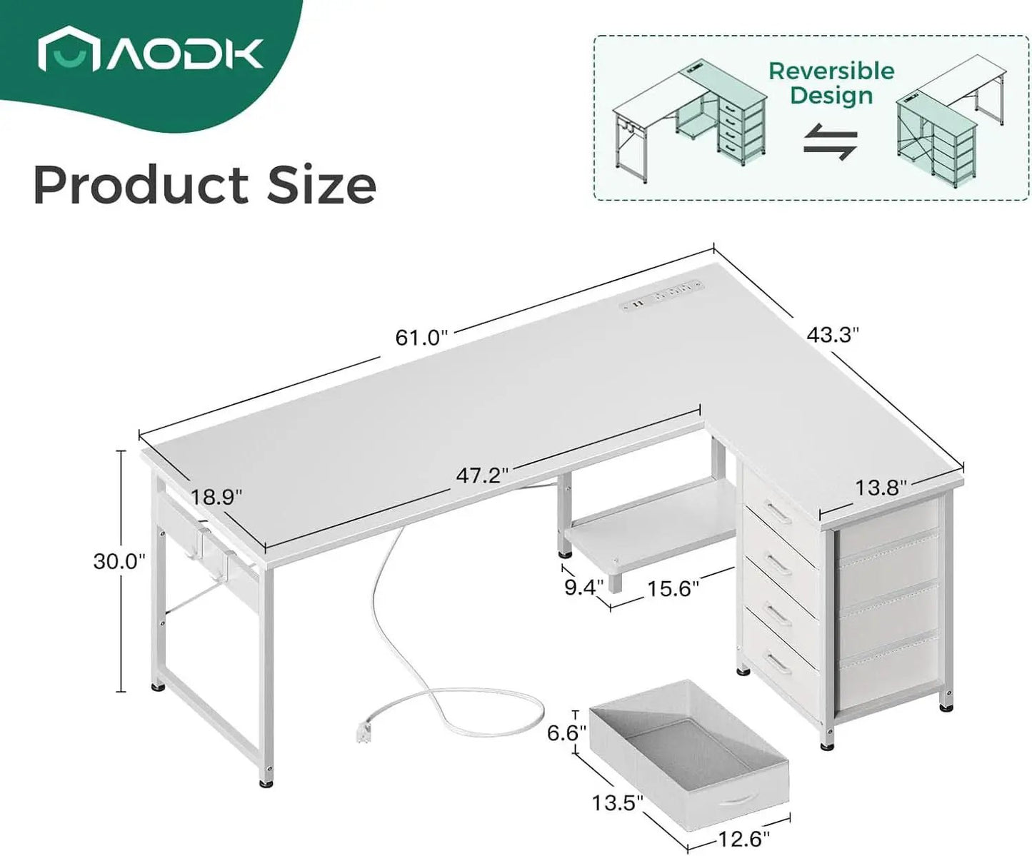 L Shaped Desk 61 Inch With USB Ports For Home Office from PriceLows™