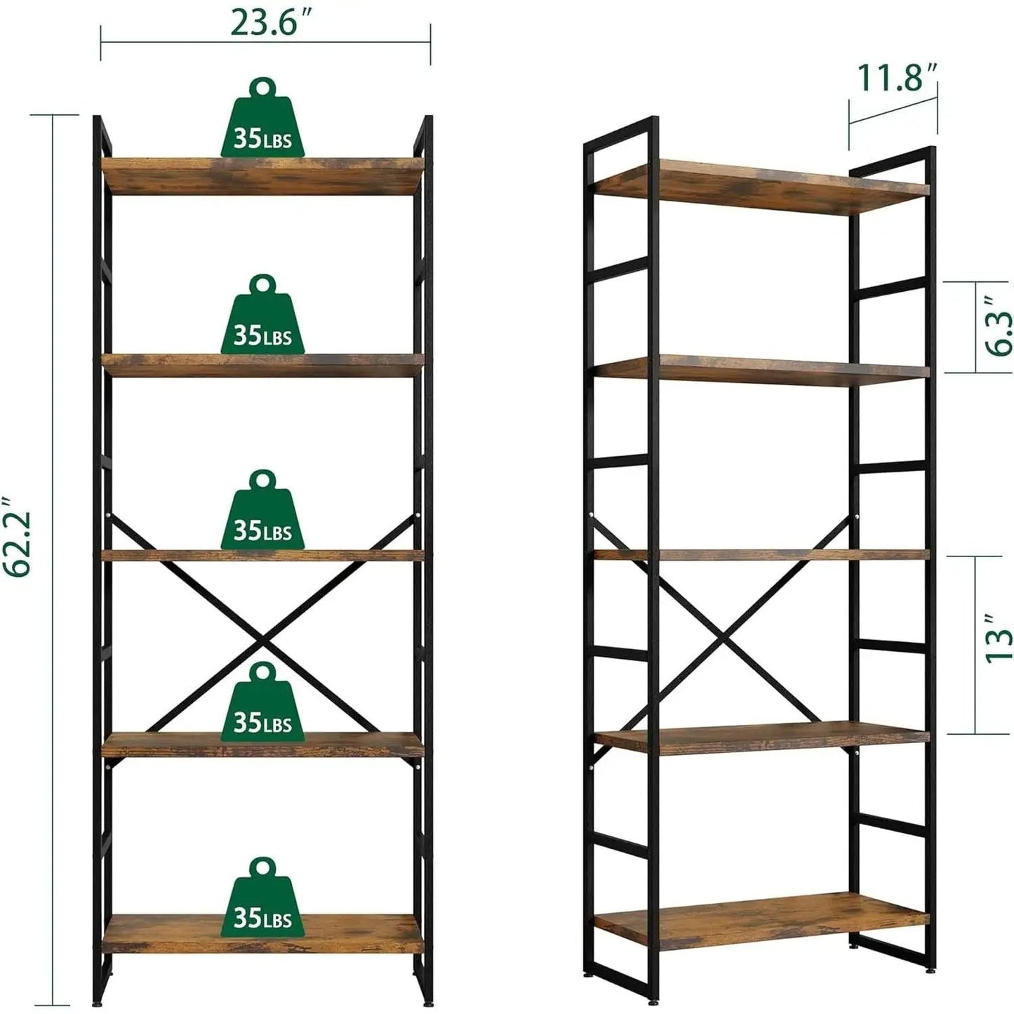 Pair Of 5 Shelf Bookcases Rustic Brown Industrial Tall from PriceLows™