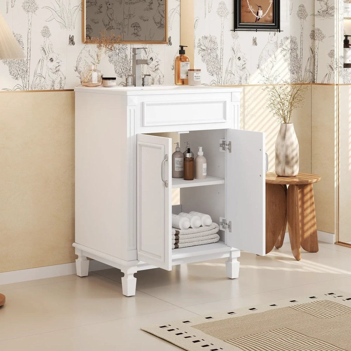 24 Inch Bathroom Vanity With Top Sink | Rubberwood Frame | 2 Soft Closing Doors | Glossy Ceramic Basin