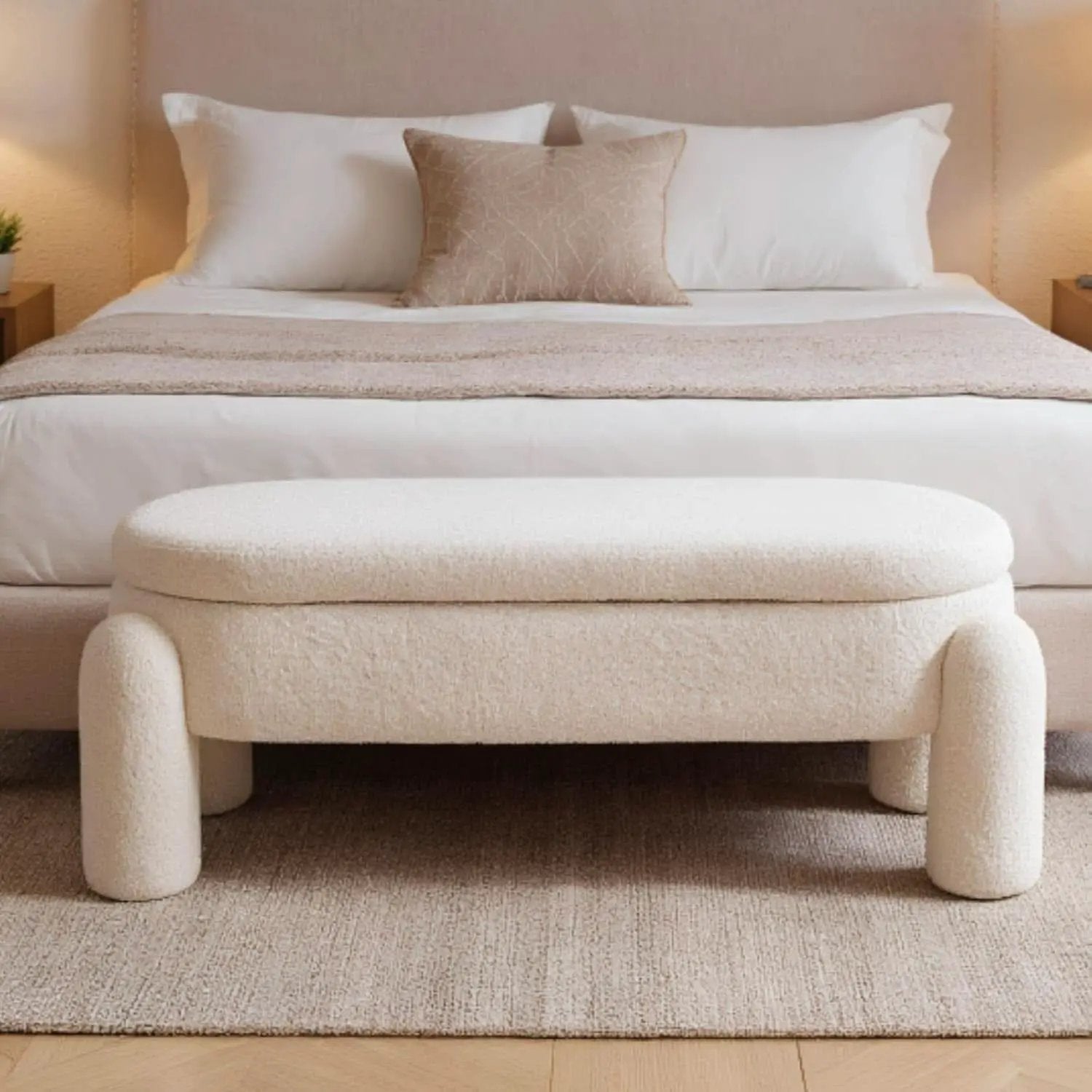 44.7-Inch White Boucle Upholstered Storage Ottoman Bench from PriceLows™
