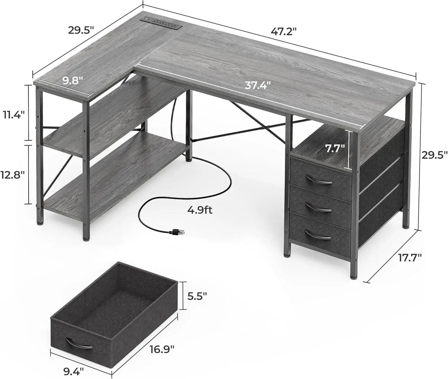 47 Inch L Shaped Desk With Power Outlets And 3 Drawers Grey from PriceLows™