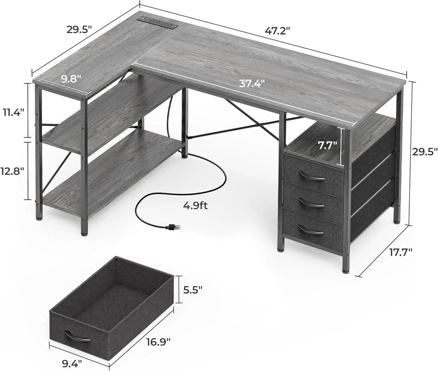 47 Inch L Shaped Desk With Power Outlets And 3 Drawers Grey from PriceLows™