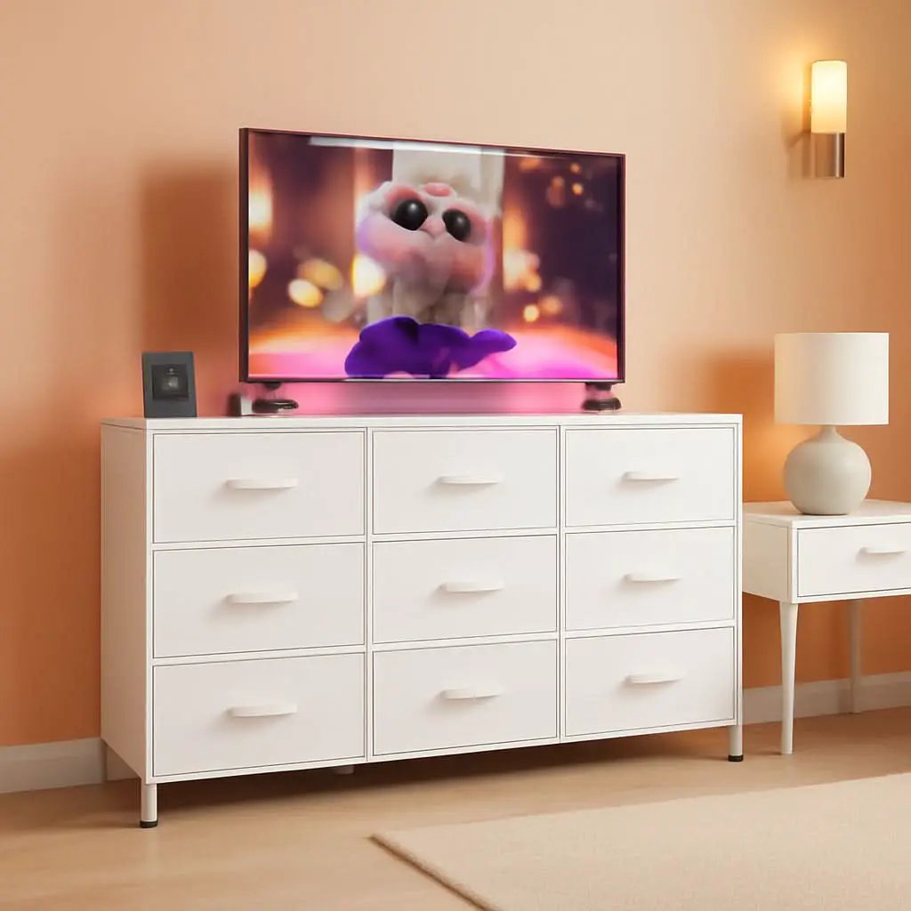 White Dresser TV Stand 55 Inch With LED Lights And Charging from PriceLows™