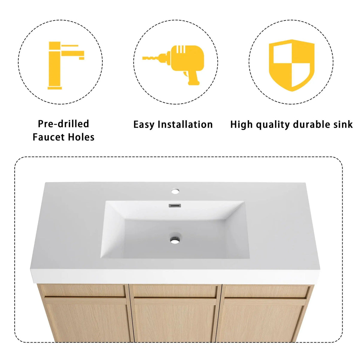 Freestanding Bathroom Vanity With Resin Sink & Soft Close Cabinet Doors | 3 Pieces | Stainless Steel & Plywood | Bathroom