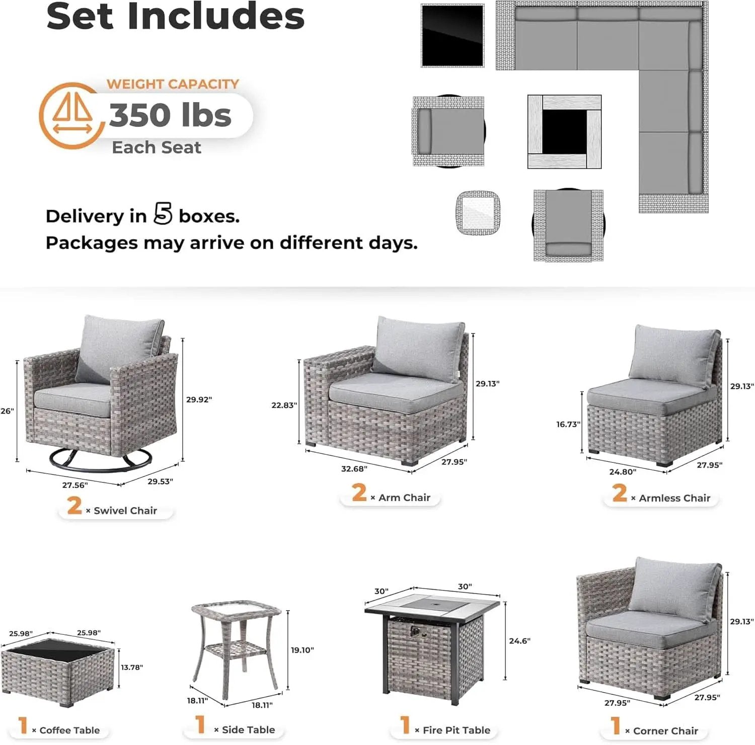 Modular Outdoor Wicker Sofa Set with Fire Pit from PriceLows™