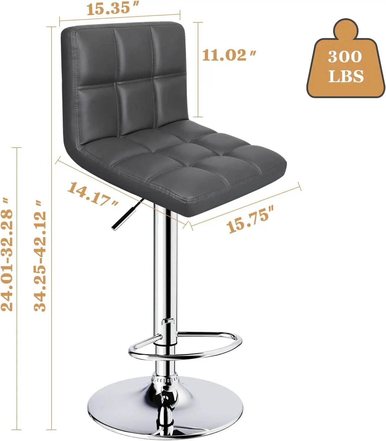 Grey Adjustable Swivel Bar Stools Set of 2 With PU Leather from PriceLows™
