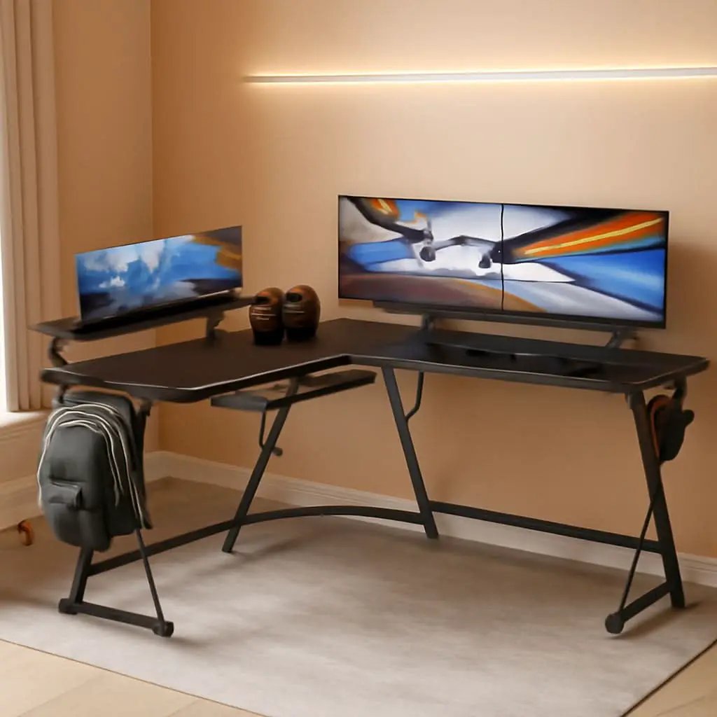 Vista L Shaped Desk With Removable Monitor Shelf In Black from PriceLows™
