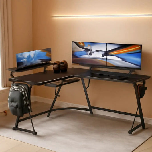 Vista L Shaped Desk With Removable Monitor Shelf In Black from PriceLows™