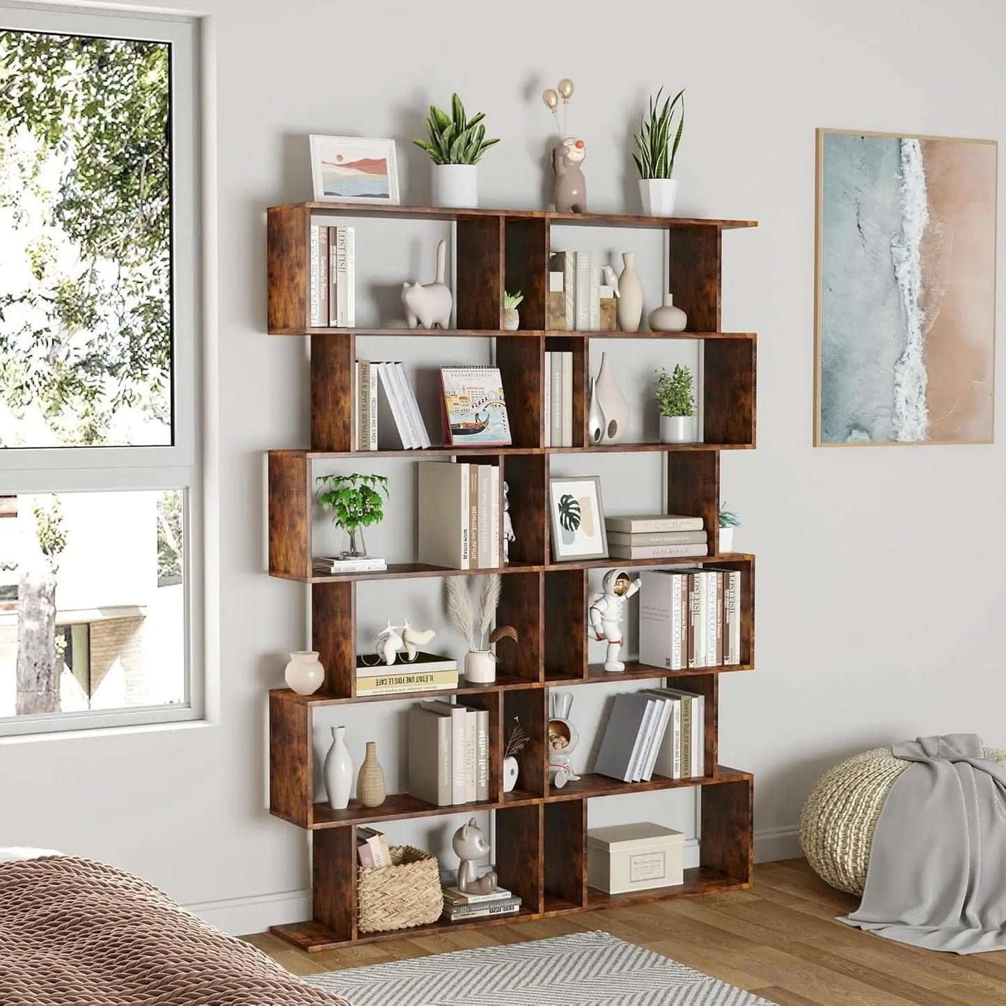 Geometric Bookcase 6 Tier S Shaped Rustic Brown Wood Shelf from PriceLows™