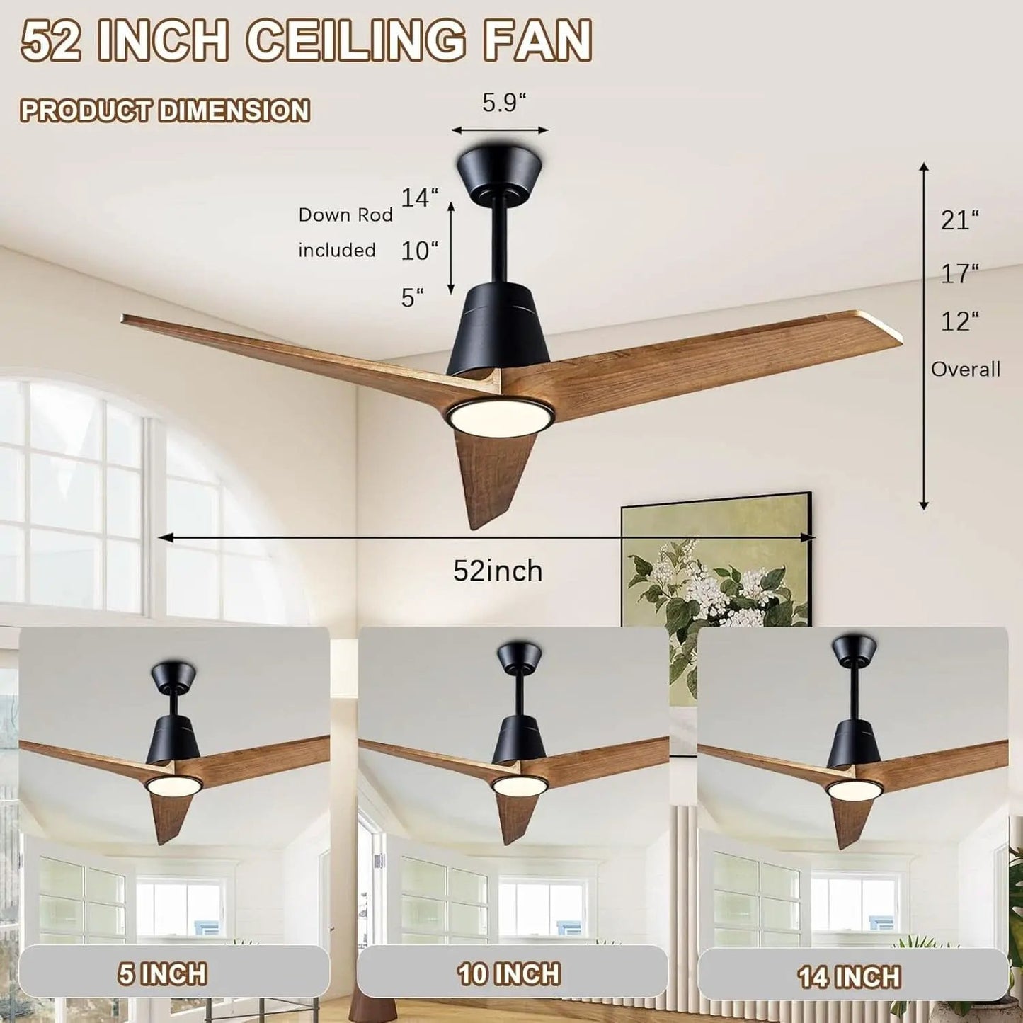 52 Inch Ceiling Fan With Remote Black Walnut Indoor Outdoor from PriceLows™
