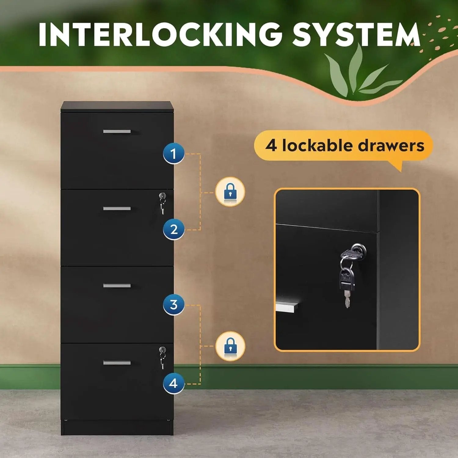 4 Drawer Locking File Cabinet For A4 And Letter Files Black Wood from PriceLows™