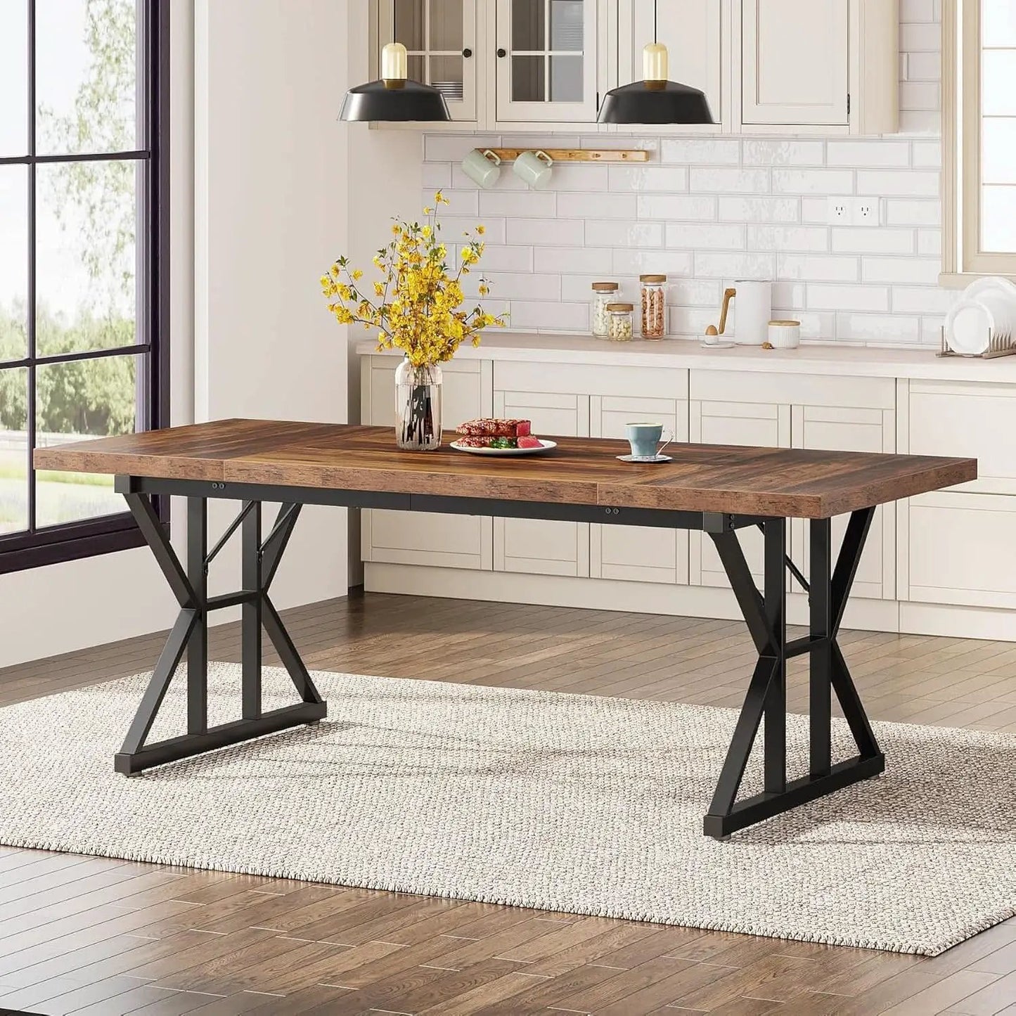 Farmhouse 70.8 Inch Wood Dining Table With Metal Legs from PriceLows™