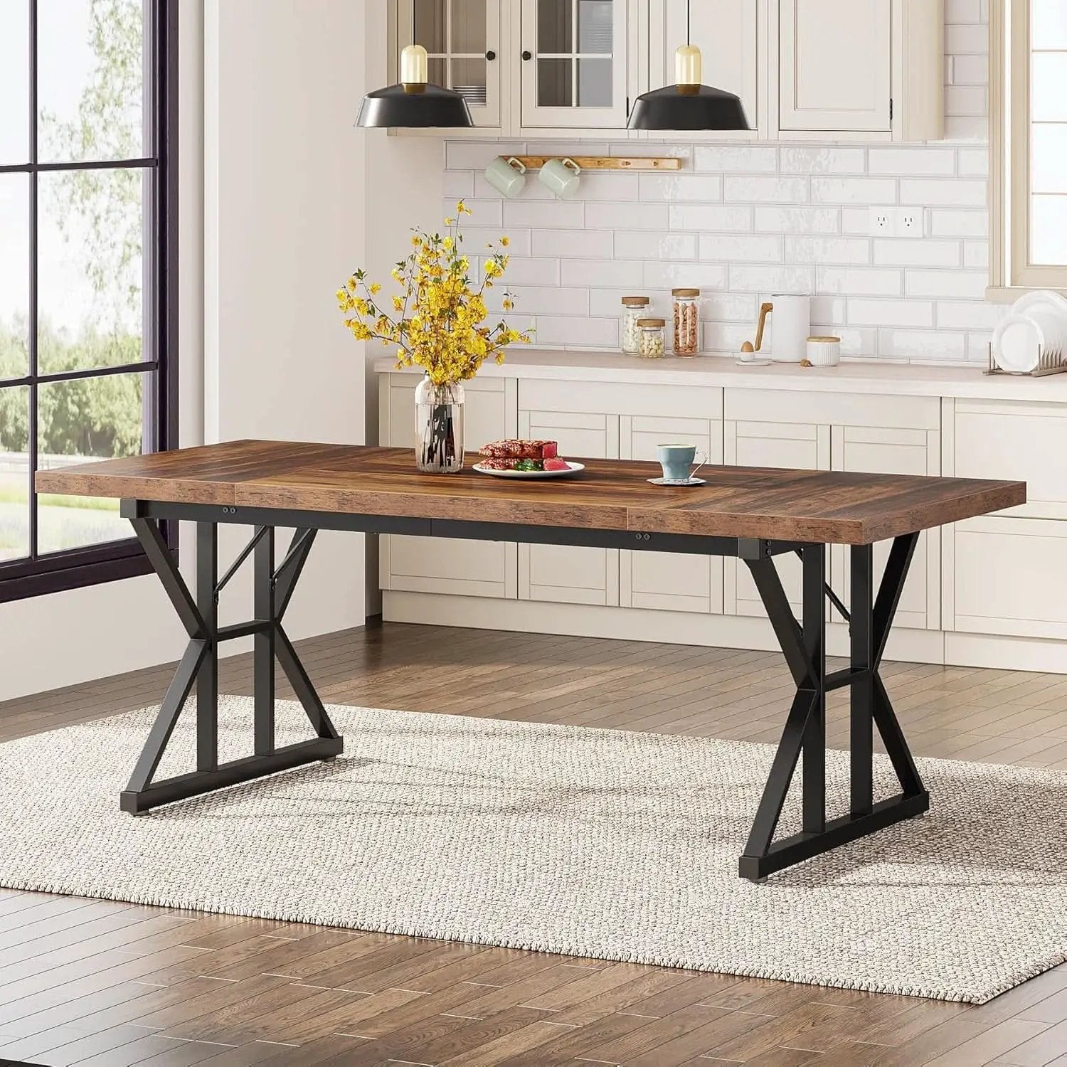 Farmhouse 70.8 Inch Wood Dining Table With Metal Legs from PriceLows™