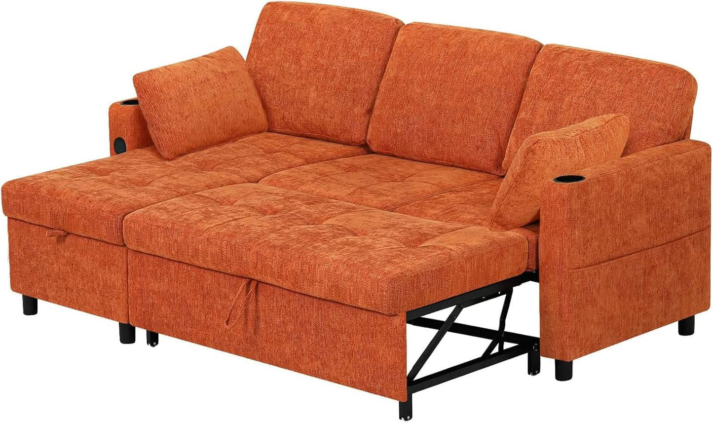 84Inches BrightOrange Chenille Pullout Sofa Bed USBPort from PriceLows™