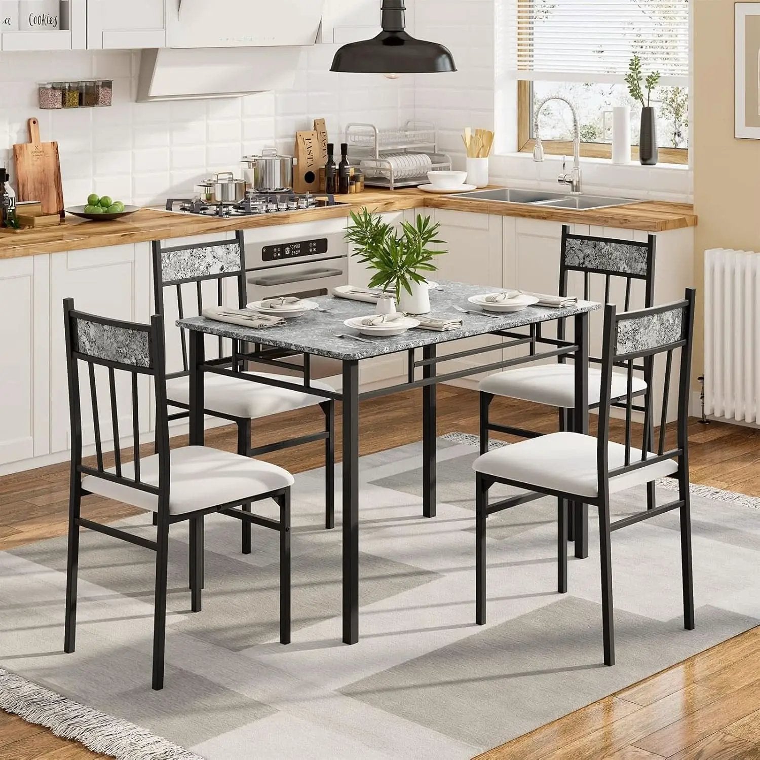Grey Faux Marble Dining Table Set For 4 With Padded Chairs from PriceLows™